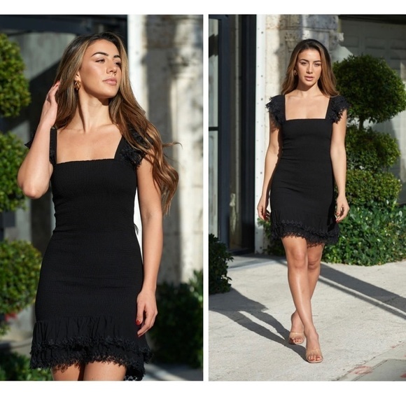 PEIXOTO Belle Crochet Ruched Smocked Lace Flutter Sleeve BodyCon Mini Dress NEW - Picture 1 of 11